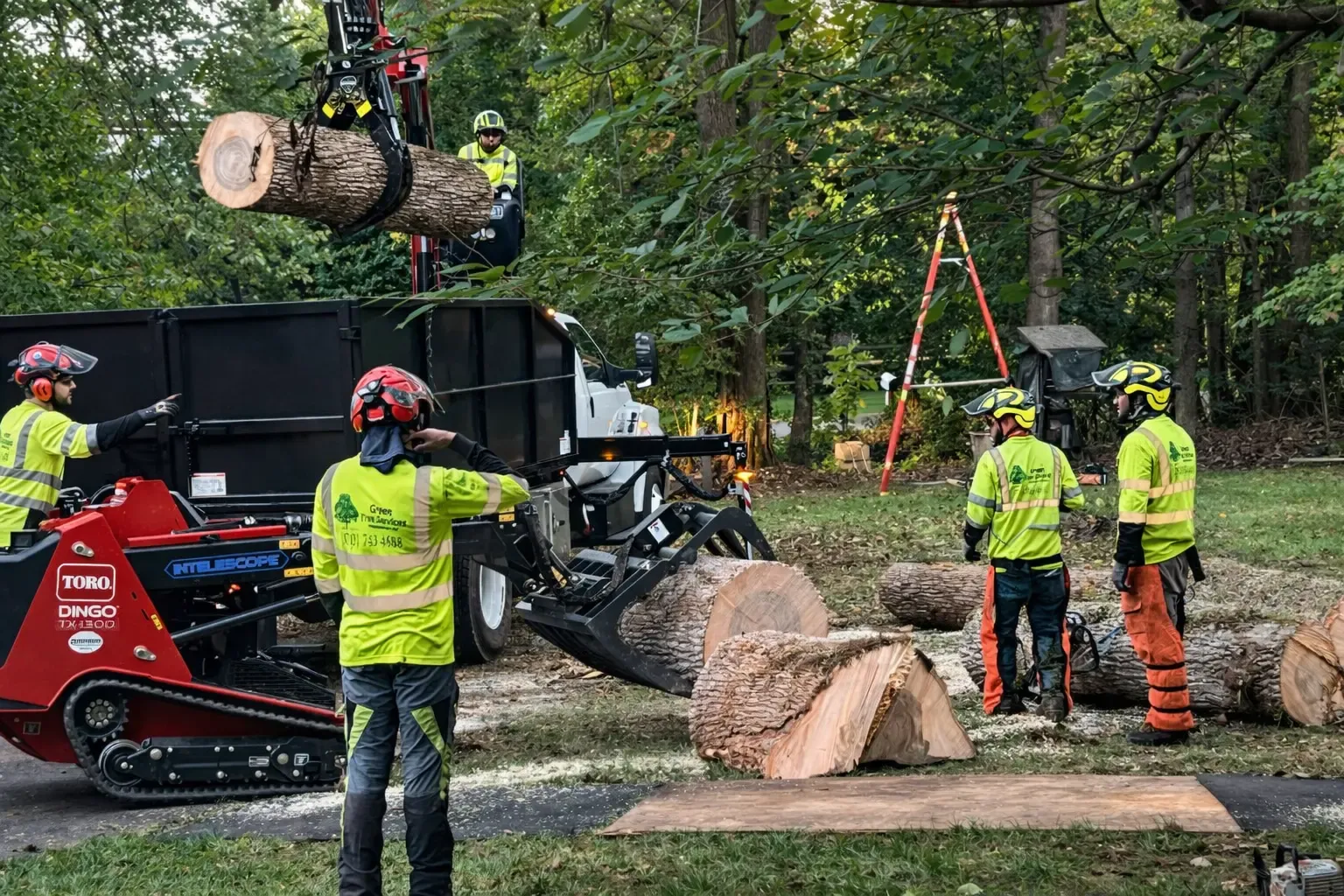 Green Tree Services crew in safety gear coordinating a heavy log lift